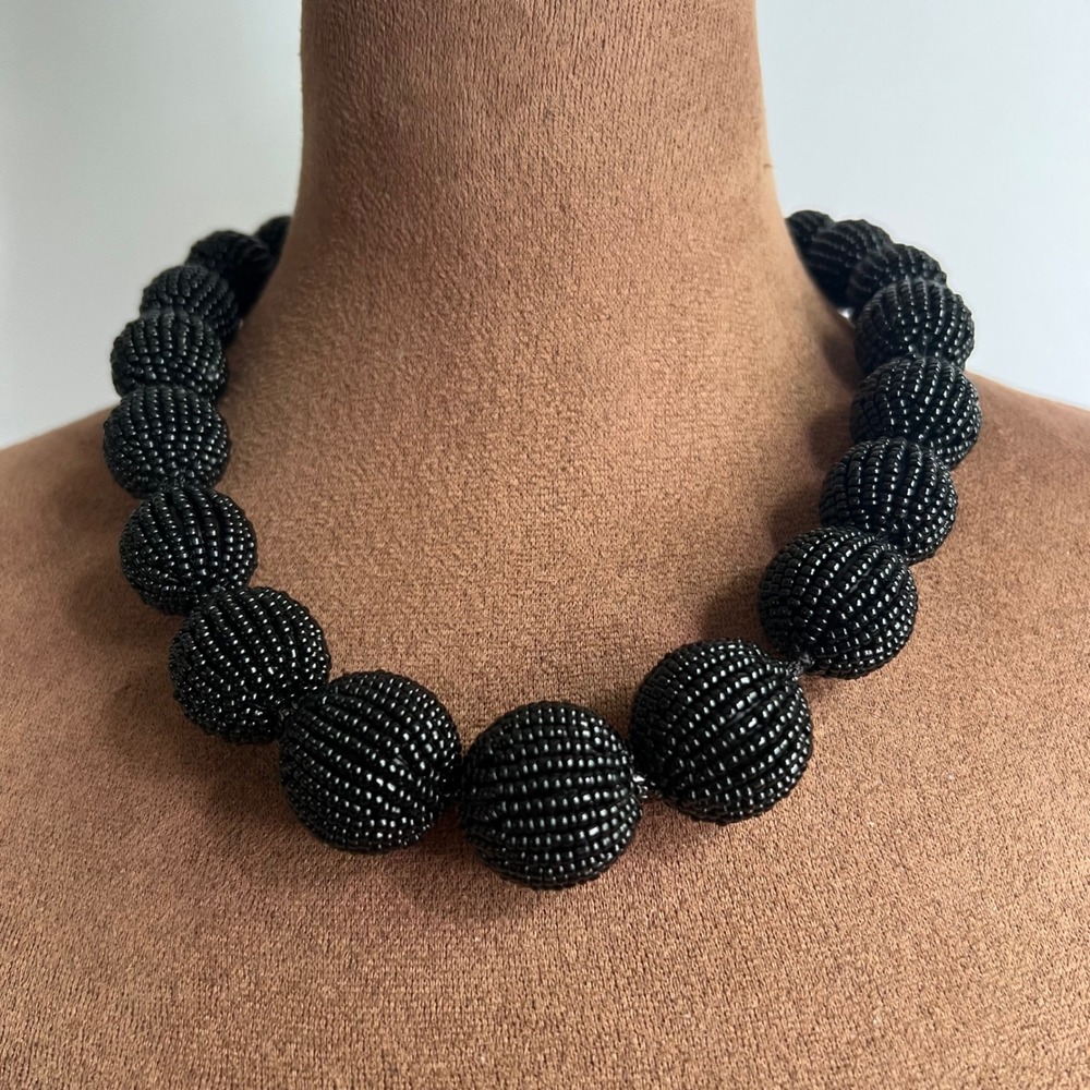 Black Seed Bead Chunky Ball Statement Necklace 28 Inch Adjustable Whimsigoth
